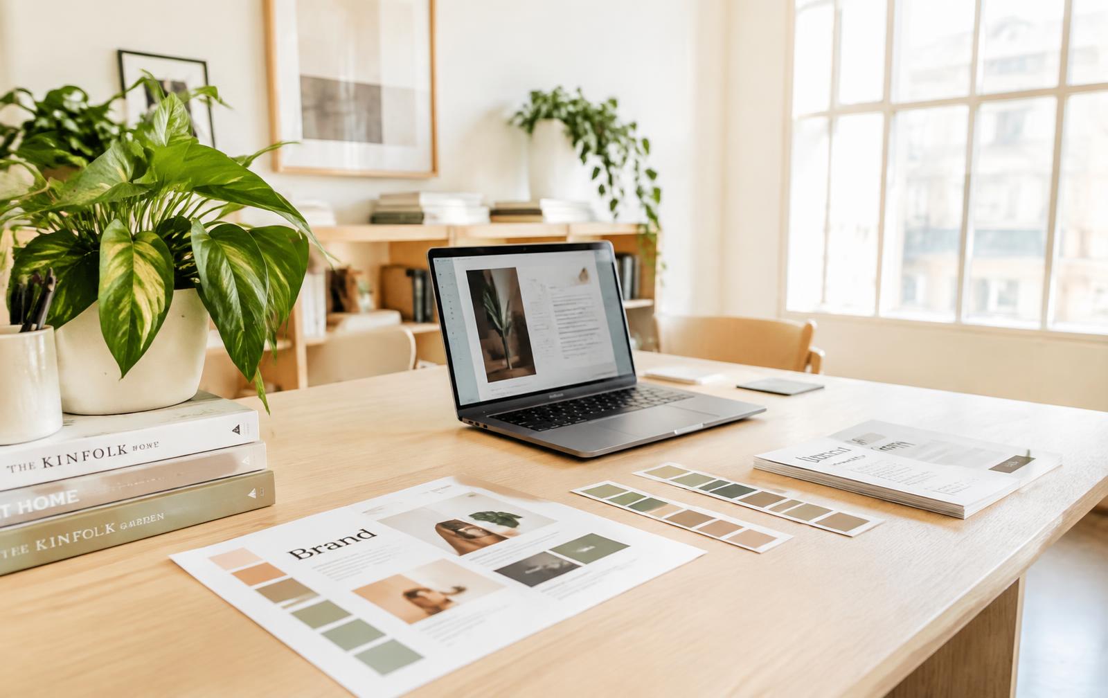 The Sozo Mojo design studio desk with brand materials and colour swatches