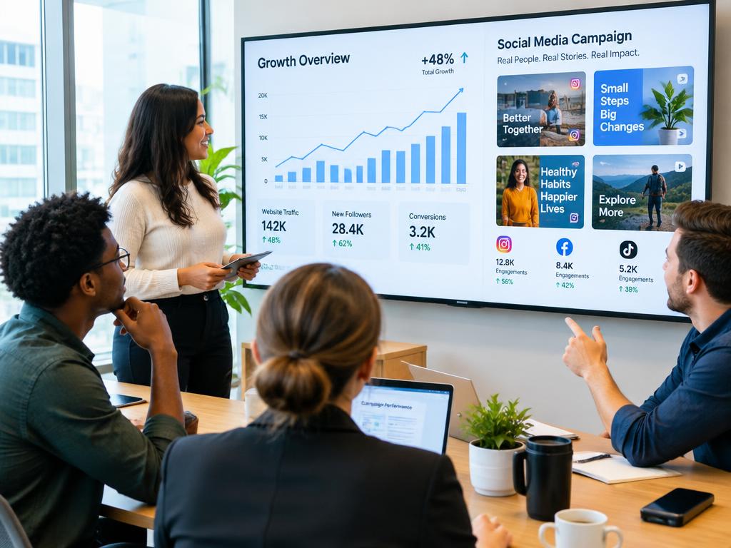 A marketing team reviewing growth charts and campaign results